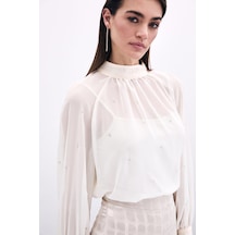 Sateen Taş Detaylı Transparan Bluz - Krem-135756 Krem