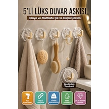 Gold Kendinden Yapışkanlı 5'li Duvar Askısı Banyo Mutfak Havlu Askılığı Buz Desen Dekoratif Seti Altın