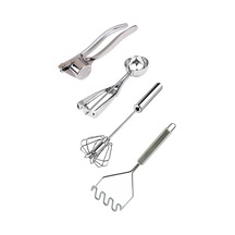 Paslanmaz Çelik Sarımsak Ezici, Dondurma Kaşığı, Çırpıcı Ve Patates Ezici Gri