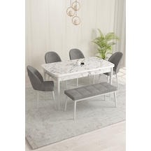 Rovena Olbia Beyaz Mermer Desen 80x132 Açılabilir Mutfak Masası Takımı 4 Sandalye, 1 Bench Gri 1361