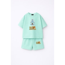 Fasardi Super Bear Adventure Süper Ayı Baskılı Oversize %100 Pamuk Kısa Kollu Unisex Çocuk T-shirt Su Yeşili