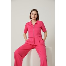 Newco Kadın Fermuarlı Crop Üst & Beli Lastikli Pensli Rahat Kesim İkili Takım - Pembe Pembe