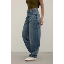 Tint Blue Premium Yıkamalı Kemerli Baggy Jeans Mide Blue