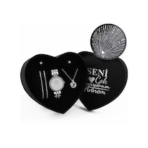 Anneler Gününe Özel Tasarım Kalp Kutu & 100 Dilde Seni Seviyorum Yuvarlak Kolye & İkili Zirkon Taşlı Bileklik & İkili Küpe & Metal Kordon Saat Seti