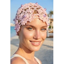Uniquetrenders Kadın İnci İşlemeli Örgü Bere File Dokulu Bohem Plaj Ve Yazlık Bandana Pembe