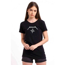 Metallica Logo Yıldız Baskılı Siyah Kadın Tshirt