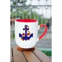 Denizci Çıpa Baskılı İçi Kırmızı Lüx Kupa Bardak Porselen Çay Kahve Fincanı-9 Kırmızı