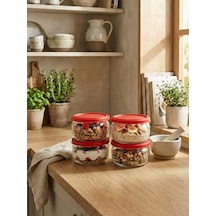 Leelahome 4'lü Set Kapaklı Cam Saklama Kabı 415 Ml - Kırmızı Kırmızı