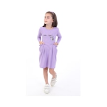 Toontoy Kız Çocuk Baskılı Relax Fit Bisiklet Yaka Uzun Kollu Cepli Elbise - Lila