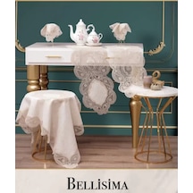 Krem Bellisima Model 5 Parça Velvet Kadife Dantelli Masa Örtüsü Runner Seti