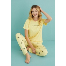 Mihra Kadın Pijama Takımı Kısa Kol Sıfır Yaka Yazlık Sarı