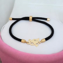Ebru İsmine Özel 14 Ayar Altın Plakalı Kuş Motifli İpek Örgülü Hediye Bileklik-318isim-siyah Altın