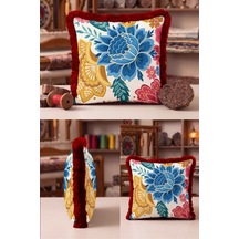 Çiçek Desenli Bohem Şık Saçaklı Yastık Kılıfı - Etnik Floral Modern Püsküllü Kırlent Kılıfı Siyah