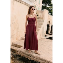 Sateen Askılı Uzun Elbise - Bordo-137495
