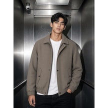 Oksit Harrington Fermuarlı Bomber Kaşe Ceket Mont - Slim Fit Klasik Yaka Toprak