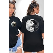 Siyah Beyaz Ying Yang Siyah Oversize Unisex Ön Ve Sırt Baskılı Tişört Siyah