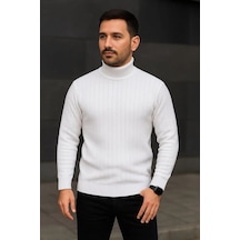 Erkek Tam Boğazlı Balıkçı Yaka Triko Kazak Kalın Fitilli - Beyaz Beyaz - Saks Mavi