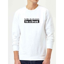 I'Am A Drunk Baskılı Beyaz Erkek Örme Sweatshirt