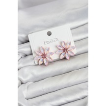 Lotus Çiçek Tasarımlı Pembe Kristal Taşlı Küpe Çok Renkli