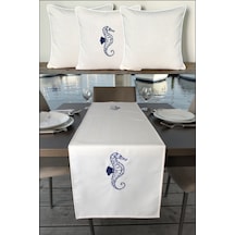 Kırlent Kılıfı 45x45 3'lü Set + 145x40 Runner Marin Nakışlı Deniz Atı Desen Su İtici Outdoor Keten Krem