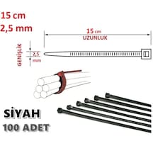 100 Adet 15cmx2.5mm Siyah Plastik Cırt Kelepçe Kablo Bağı