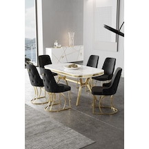 Canisa Epal Serisi 90x168 Lak Panel Beyaz Mermer Desen Masa Takımı Gold Ayaklı 6 Siyah Sandalye Beyaz Mermer Desen Masa Sandalyeler Siyah
