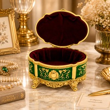 Kristal Taşlı Oval Mücevher Kutusu Kadife İç Kaplamalı Gold İşlemeli Takı Kutusu Dekoratif Saklama Kutusu Yeşil