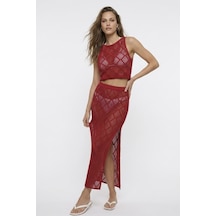 Neden Tekstil Dantel Görünümlü Ajurlu Beachwear Crop Top Ve Yırtmaçlı Uzun Etek Triko Takım - Kırmızı