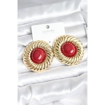 Mey İthalat Pirinç Gold Renk Bordo Boncuklu Vintage Kadın Küpe Diğer