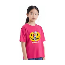 Panios Kids Emoji Baskılı Kız Çocuk Kısa Kollu T-shirt Fuşya