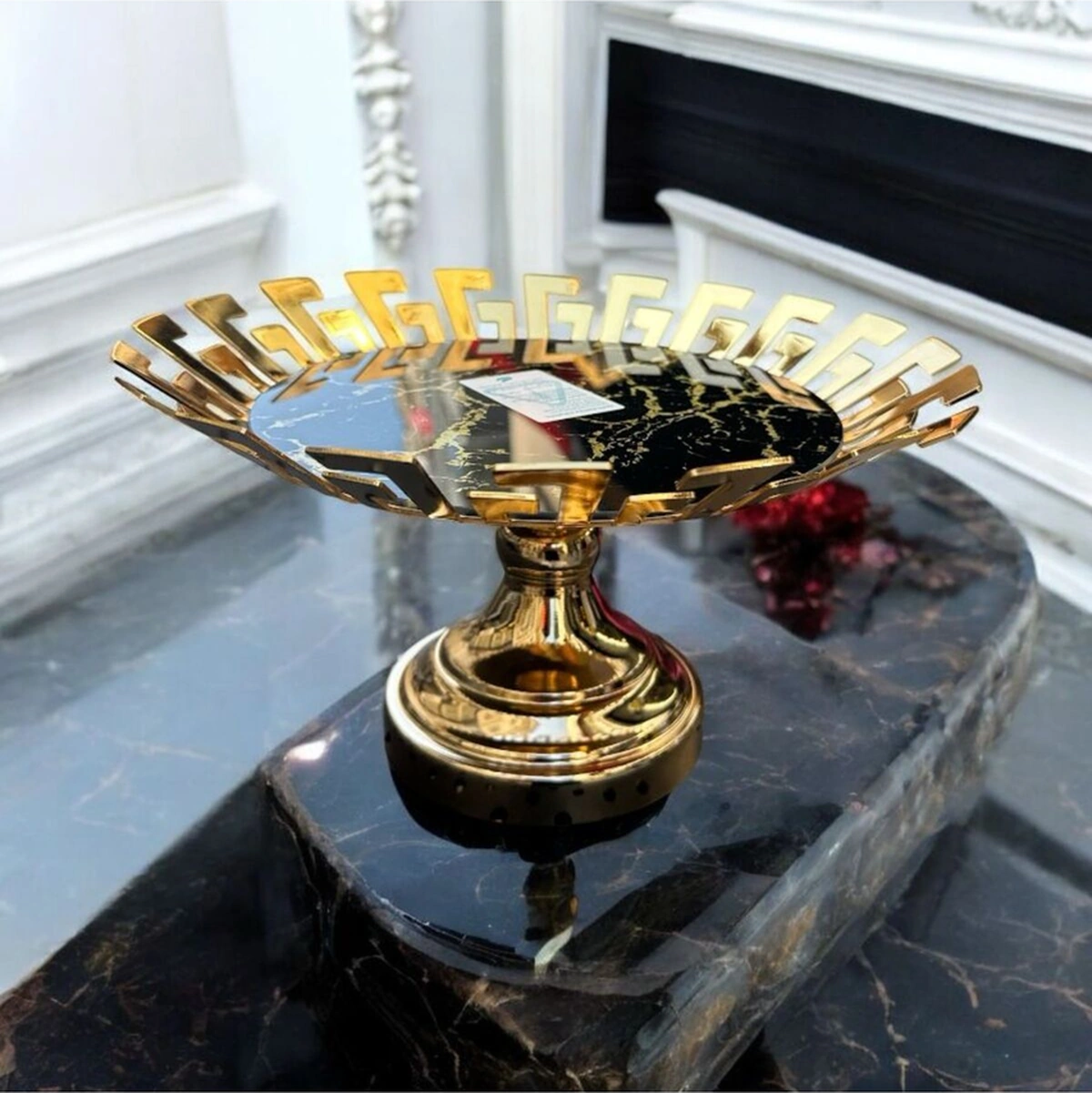 Dekoratif Krom Cam Mermer Desenli Yuvarlak Meyve Sunum Tepsisi Gold 1