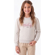 Onloox Kız Çocuk Bej Melanj Kız Çocuk Bej Melanj Pamuklu Bisiklet Yaka Tam Kalıp Simli Yazı Baskılı Sweatshirt 8-14 Yaş