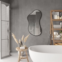 60x108 Cm Modern Organik Şekilli Dekoratif Banyo Aynası Siyah Çerçeveli Düzensiz Tasarım Ayna Minimalist & Japandi Duvar Aynası Siyah