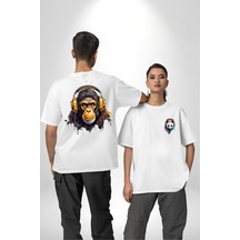 Kulaklık Ayı Panda Beyaz Oversize Unisex Ön Ve Sırt Baskılı Tişört Beyaz