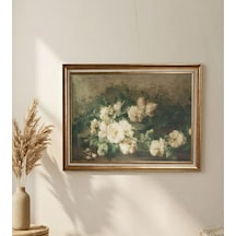 Gold Çerçeveli Vintage Dekoratif Beyaz Gül Tablo 60x80 Cm