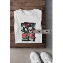 Unısex Kadın Erkek Acdc - Ac/dc Rock'n Roll Metal %100 Pamuk Baskılı Siyah Beyaz T-shirt Beyaz
