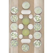 22 Parça 12 Kişilik Greentree Stackable Kahvaltı Takımı - Lüx Kahvaltılık Sunum Seti Tabağı Yeşil