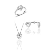 Gümüş Rodyumlu Zirkon Taşlı Kalp Kolye Küpe Ve Yüzük Üçlü Set