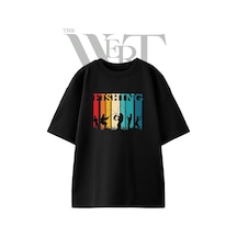 Thewert Fishing Siluet Tasarım Baskılı Ünisex Siyah Oversize T-shirt