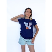 Kadın Baskılı Basic Lacivert Tshirt