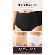 Suısy Yüksek Bel Düz Slip Külot 3'lü Paket Siyah - Ten - Beyaz Çok Renkli