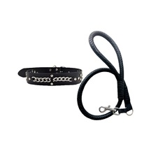 Deri Örgü Köpek Gezdirme Kayışı ve Deri Tasma (90 CM / 4x67 CM) Siyah