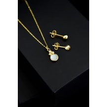 Papatya Silver 925 Ayar Gümüş Gold Kaplama Beyaz Opal Yuvarlak Kolye ve Çivili Top Küpe Set