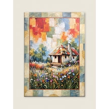 Renkli Bloklar Kenar Detaylı Çiçekli Kır Evi Temalı Dekoratif Ahşap Tablo 52 X 72 Cm