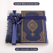 Şal + Seccade + Tesbih + Kuran Hediye Seti Çanta Boy, Ekonomik Cilt, Lacivert