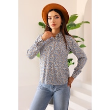 Kadın Çiçek Desenli Uzun Kollu Gömlek Rahat Kesim, Hafif Ve Nefes Alabilen Kumaş, Günlük Mavi