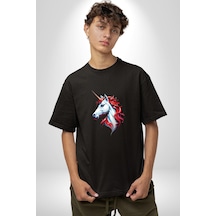 Unicorn Tek Boynuzlu At Pamuklu Bisiklet Yaka Unisex Oversize Boyfriend Dijital Baskılı Siyah T-shirt Siyah