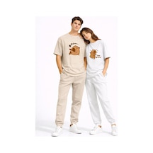 Nevermind Sevgili Kombini Eğlenceli Baskılı Çift Tişört Oversize Unisex Par Bej