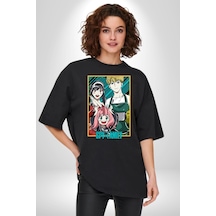Spy X Family Anime Özel Tasarım Pamuklu Bisiklet Yaka Unisex Oversize Boyfriend Dijital Baskılı Siyah T-shirt Siyah