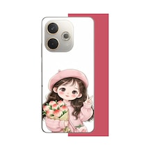 Oppo A5 Pro Uyumlu Kawaii Buket Tutan Kız Baskılı Silikon Kılıf Renkli